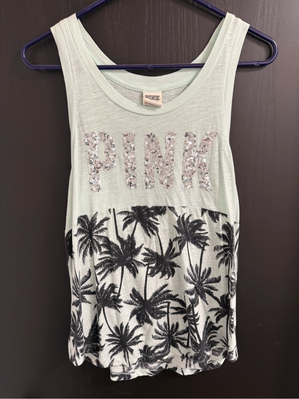 PINK Victoria's Secret Mint Sequin Logo Palm-Print Tank